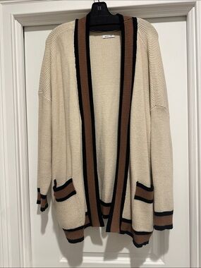 Spencer & Ella Cream Open-Front Cardigan with Brown & Black Trim